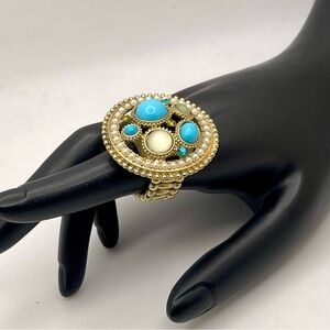 Turquoise MOP and Rhinestone Glass Stretch Statement Ring Vintage